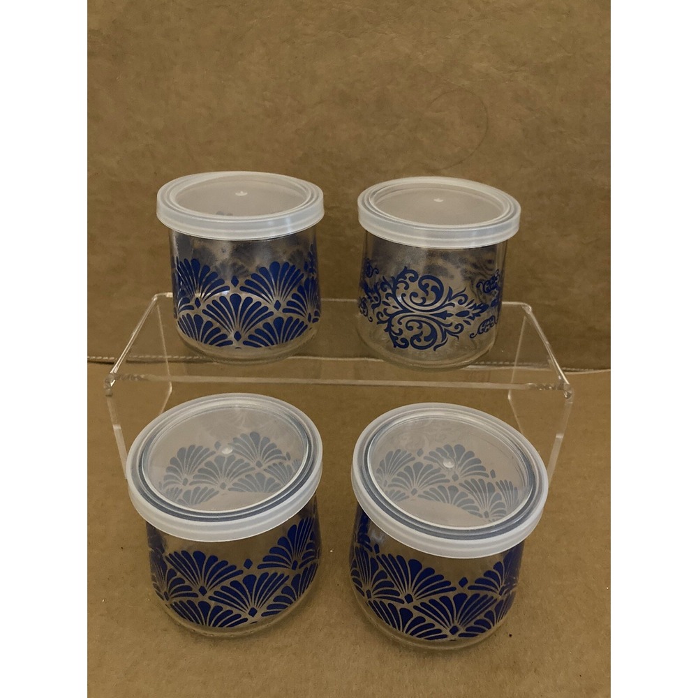 4 OUI Yoplait Glass Jars Limited Edition Blue Scroll Fan Patterns w/NEW Lids